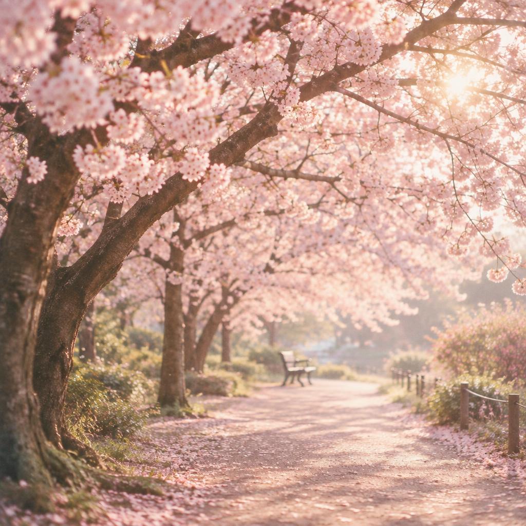 A park path under blooming cherry blossom trees in soft morning light