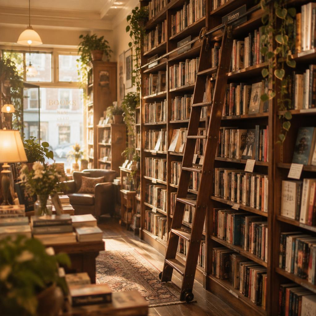 A warm cozy bookstore with tall wooden shelves and a rolling ladder