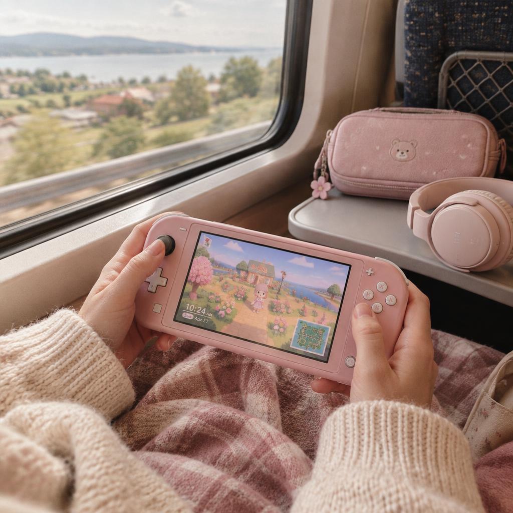 Hands playing a pink handheld console on a train by the window